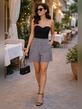 Black White Gingham Bermuda Shorts XXL High Rise Stretch Pull On Casual Chic Sum